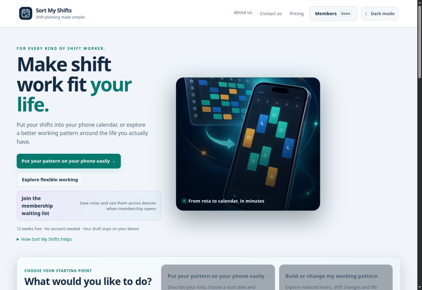 Desktop view of the Sort My Shifts homepage